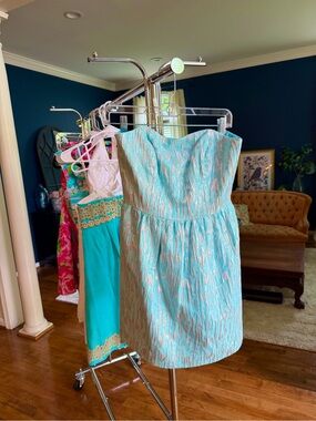 Lily Pulitzer Payton Blue Silver Foil Sweetheart Strapless Dress